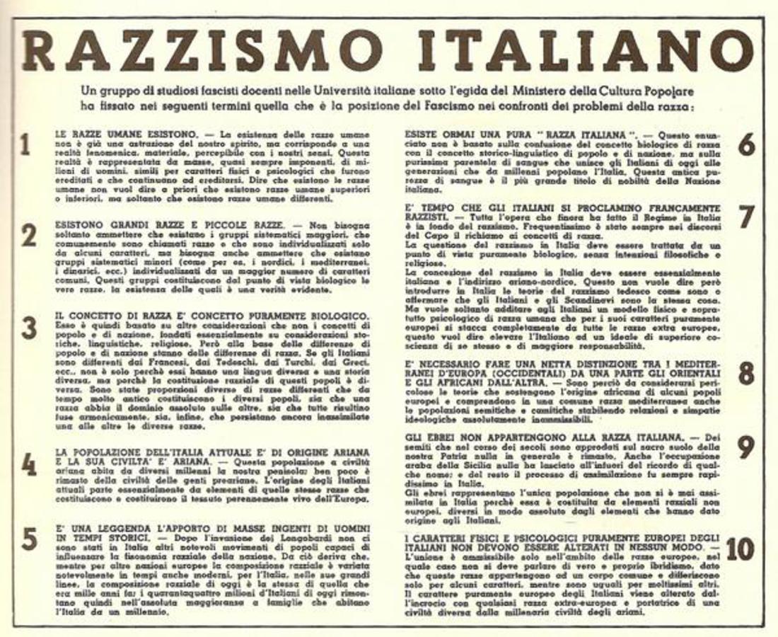 Il Manifesto Della Razza Ecco Il Testo Per Non Dimenticare 80 Anni Dopo Societa Diritti Ansa It