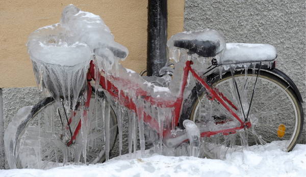 An ice-covered bike