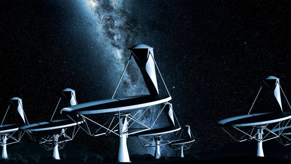 Rappresentazione delle antenne paraboliche del radiotelescopio Ska (fonte: SKA Organisation/TDP/DRAO/Swinburne Astronomy Productions)