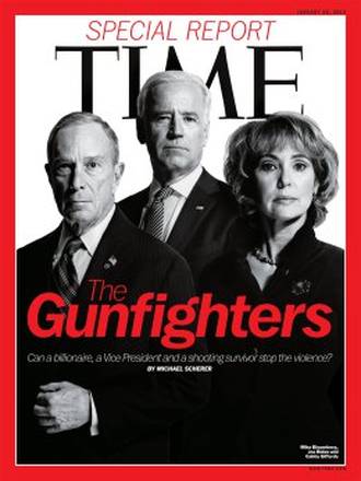 La copertina del Time dedicata ai tre 'Gunfighters' Bloomberg, Biden e Giffords