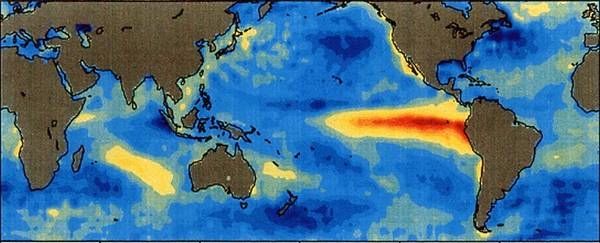 Le oscillazioni della temperatura provocate nel 1997 da un passaggio particolarmente intenso di El Nino (fonte: NOAA)