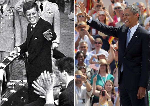 Nella combo, John F. Kennedy e Obama che ha detto:  'E' meraviglioso essere di nuovo a Berlino, sono contento dell'invito della cancelliera dopo i 50 anni della visita di Kennedy'
