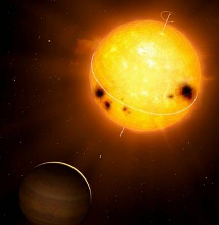Rappresentanzione artistica della stella  HD 52265 e del suo pianeta gigante (fonte: MPI for Solar System Research/Mark A. Garlick, www.markgarlick.com) 
