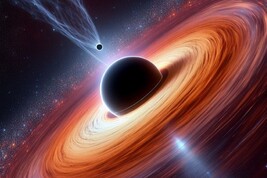 Rappresentazione grafica di un piccolo buco nero nel disco di materia che circonda un buco nero (fonte:  Francesco Tombesi, immagine generata con Copilot)
