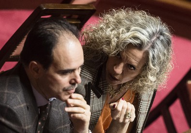 Andrea Marcucci (s) con Monica Cirinna' durante i lavori al Senato sul ddl Cirinna' per le unioni  civili (ANSA)