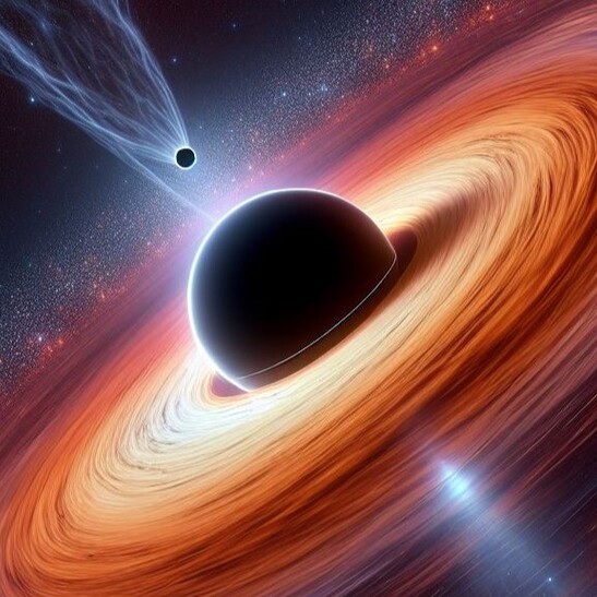 Rappresentazione grafica di un piccolo buco nero nel disco di materia che circonda un buco nero (fonte:  Francesco Tombesi, immagine generata con Copilot)