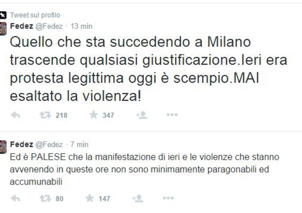 Il tweet di Fedez che condanna le violenze a Milano © Ansa