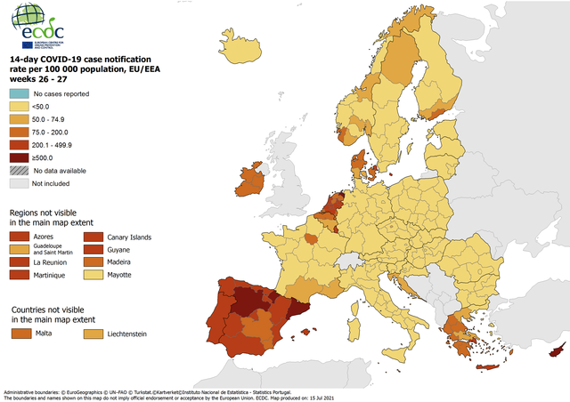 Mappe Ecdc con tassi casi Covid. Mappa aggiornata al 15 luglio - Europa 