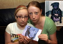 Caroline Barnes e la figlia Brooke mostrano una foto del loro cane Lennox, condannato a morte dal Comune di Belfast perché somiiglia a un pirbull, razza proibita in GB
