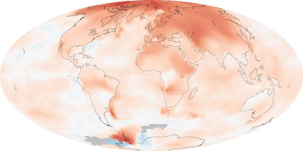 Le sfumature del rosso nella mappa indicano l’aumento delle temperature sulla Terra rilevato dal 2000 al 2009 (fonte: NASA)