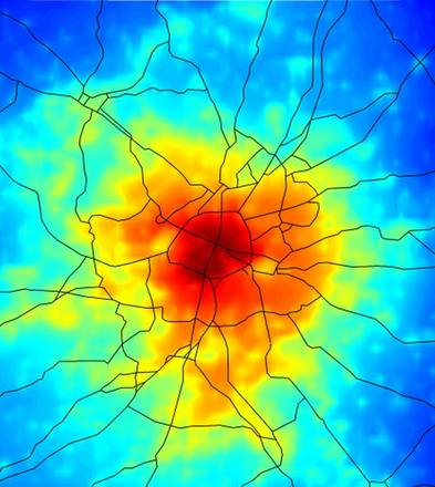 La mappa della temperatura a Parigi nell'estate torrida del 2003 (fonte: VITO, Planetek)