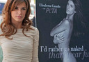 Elisabetta Canalisi accanto alla locandina della nuova campagna Peta ' Meglio nuda che in pelliccia'