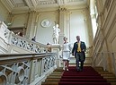 La principessa tedesca Stefania di Saxe-Coburg e Gotha e il marito Jan Stahl lasciano il Duke Museum dopo il loro matrimonio civile al castello di  Friedenstein in Gotha, Germania. Luglio 2018 (ANSA)