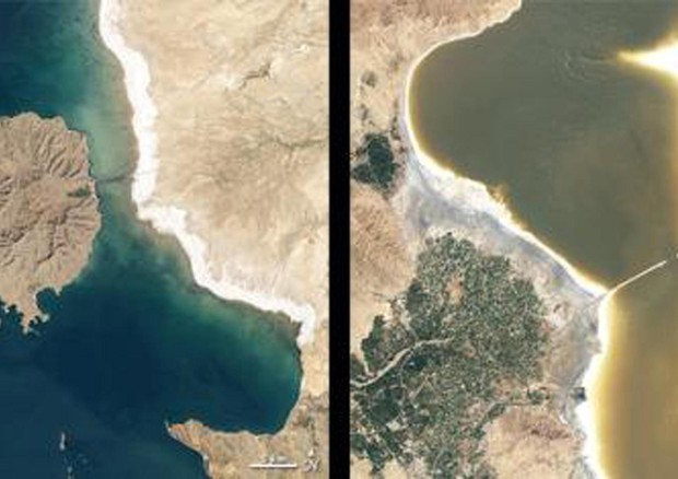 Il Lago Urmia, Iran, nel '98 (a sinistra) e nel 2011 - Foto: NASA Earth Observatory © ANSA