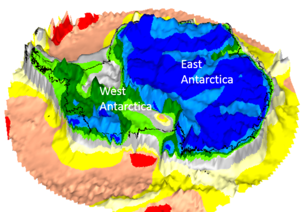 La mappa della crosta terrestre sotto l'Antartide, ricostruita sulla base dei dati del satellite Goce (fonte: Kiel University/BAS) © Ansa