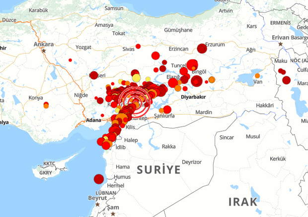 I terremoti lungo la faglia Est Anatolica al 9 febbraio e la faglia minore, che forma un angolo retto con la prima (fonte: Università del Bosforo, Osservatorio di Kandilli, Krdae e Bdtim) © Ansa