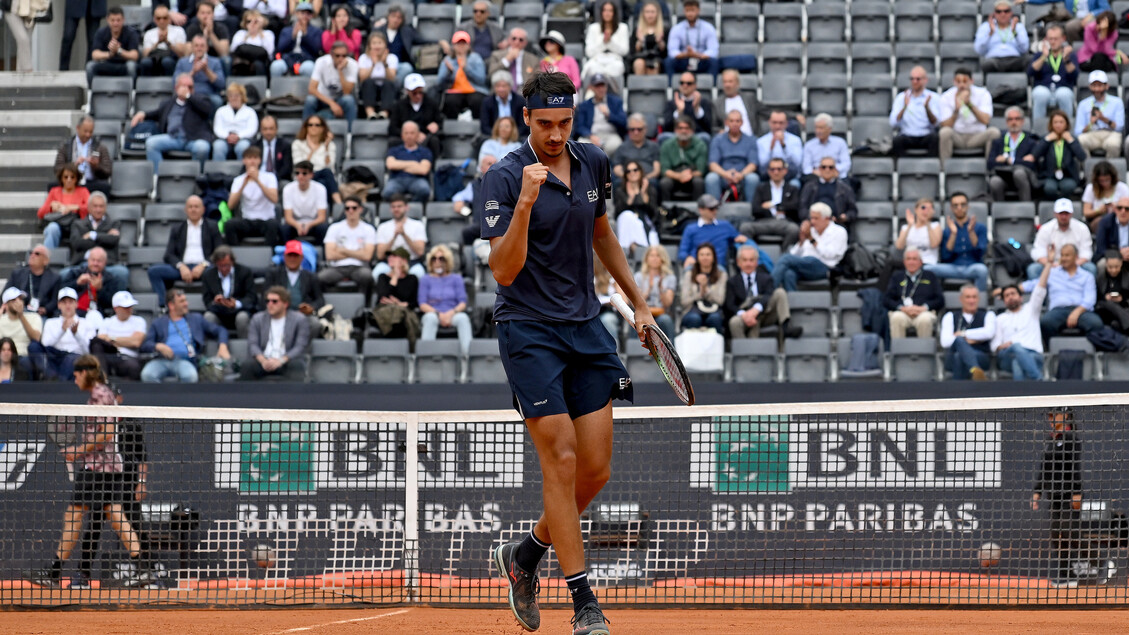 May 16, 2023, ROME: Lorenzo Sonego of Italy celebrates a point during his  men's singles third round match against Stefanos Tsitsipas of Greece (not  pictured) at the Italian Open tennis tournament in