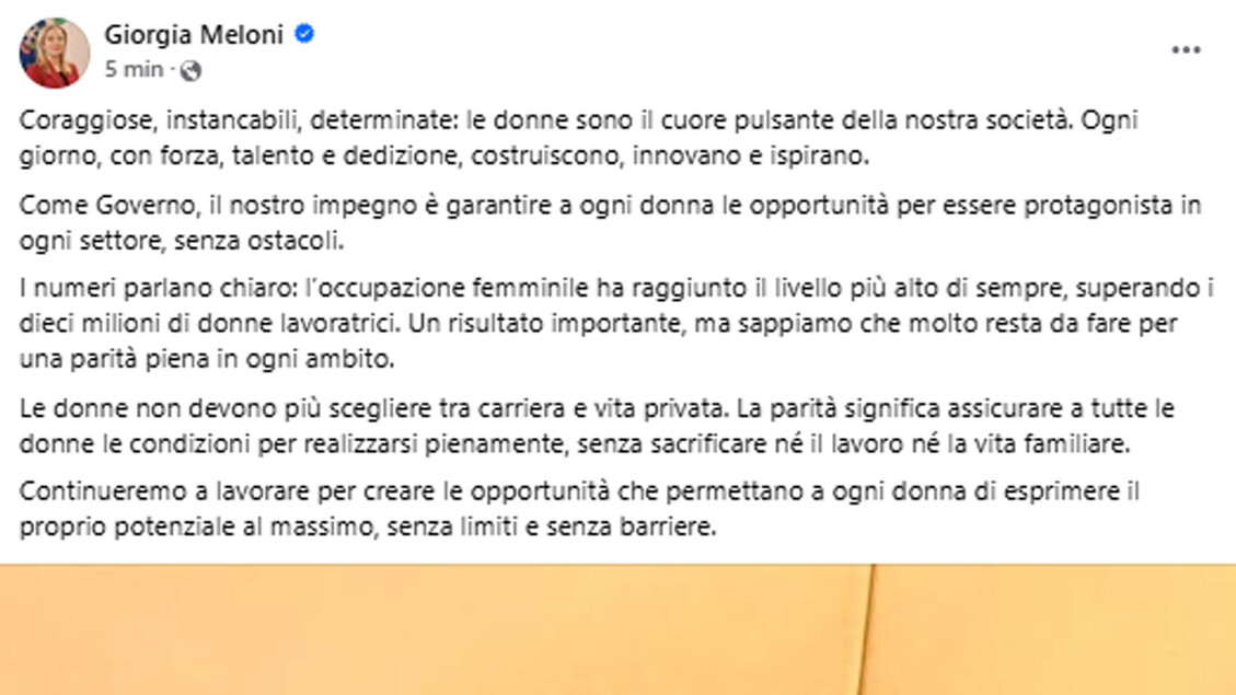 Il messaggio di Meloni alle donne: 'Donne, il cuore pulsante della società. Molto ancora da fare per la parità'