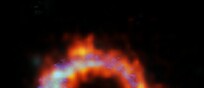  La galassia vista dal radiotelescopio Alma (in blu), e dal  Vlt (in rosso-arancione) (fonte: Alma (Eso/Naoj/Nrao)/Eso/D. Liu et al.)