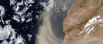 La polvere del Sahara trasportata dai venti verso l’Atlantico nell’estate 2024 (fonte: Lauren Dauphin, NASA Earth Observatory)