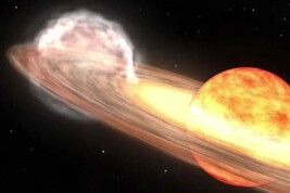 Rappresentazione artistica del sistema binario all'origine della stella variabile T Coronae Borealis (fonte: NASA LabGoddard Space Flight Center)