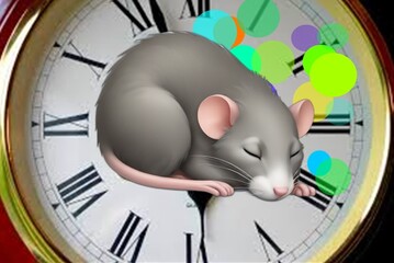 Localizzato il nuovo orologio biologico che scandisce il passaggio alla fase del sonno Rem, legato ai sogni (fonte: orologio di PxHere, il topo di AI Emojis; le sfere di Creazilla)