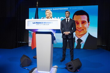 France's National Rally Marine Le Pen addresses supporters after the European elections