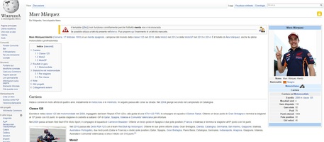Lo screenshot della pagina di Wikipedia su Marc Marquez © Ansa