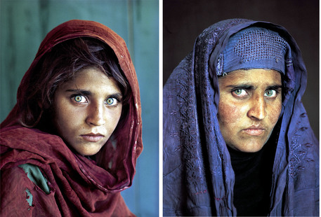 Due immagini di Sharbat Gula la ragazzina di 13 anni (S) che oggi dovrebbe averne 29 o 30 (D). La sua immagine, pubblicata anni fa, sulla copertina del National Geographic e' stata per molto tempo il simbolo delle guerre senza fine in Afghanistan © ANSA 