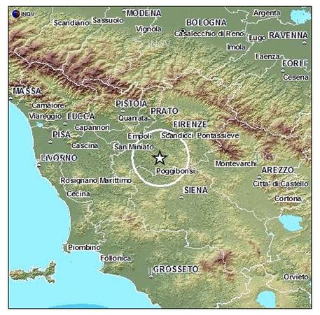 La cartina tratta dell'Ingv mostra l'epicentro della scossa di terremoto di magnutudo 3.7 registrata in Chianti e avvertita anche a Firenze, 4 marzo 2015 © ANSA