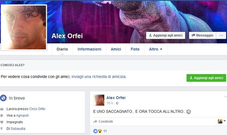 La pagina Facebook di Alex Orfei © Ansa