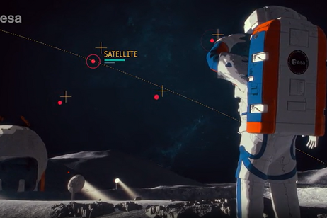 Rappresentazione artistica di una base lunare e di satelliti nell'orbita lunare (fonte: ESA - European Space Agency)