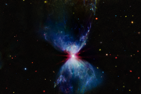 Fuochi d’artificio cosmici emessi da una stella in formazione a 460 anni luce dalla Terra (fonte: NASA, ESA, CSA, STScI)