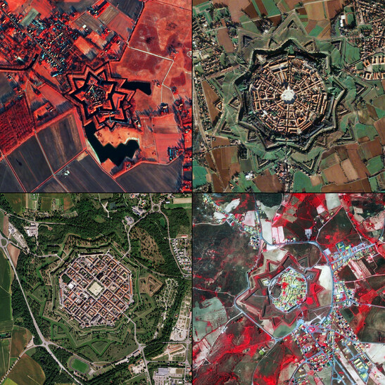 In senso orario da in alto a sinistra: Bourtange, Palmanova, Almeida e Neuf-Brisach. (fonte: Airbus DS (2023) for Bourtange and Neuf-Brisach; GEOSAT (2023, 2021) for Palmanova and Almeida. All images processed by ESA)