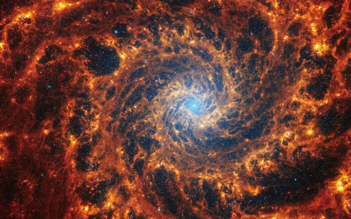 La galassia NGC 628 (fonte: NASA, ESA, CSA, STScI, J. Lee (STScI), T. Williams (Oxford), PHANGS Team) RIPRODUZIONE RISERVATA 