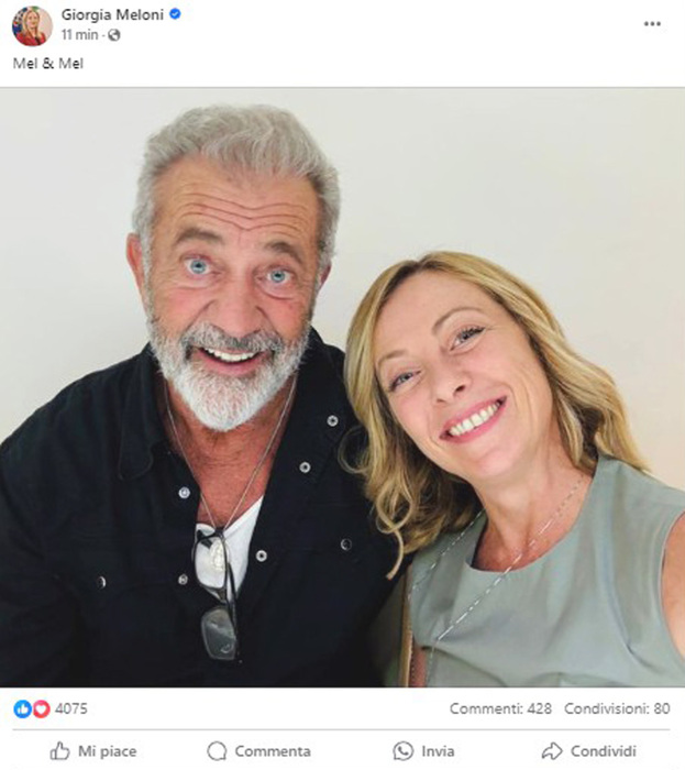 “Mel & Mel”, Giorgia Meloni pubblica foto su Fb con Mel Gibson – Notizie – Ansa.it