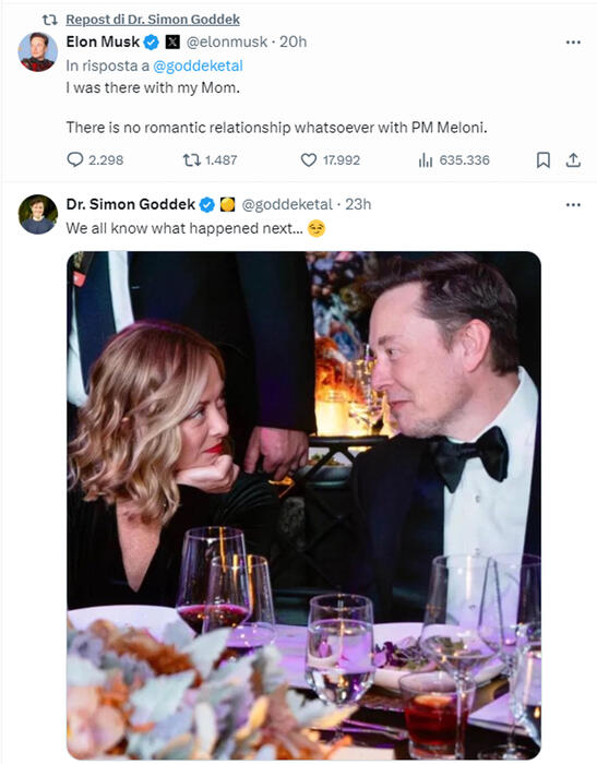 Musk risponde su X, 'nessuna relazione romantica con Meloni'