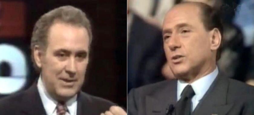 Michele Santoro e Silvio Berlusconi durante la puntata di 'Tempo reale'' del 13 aprile 1995.