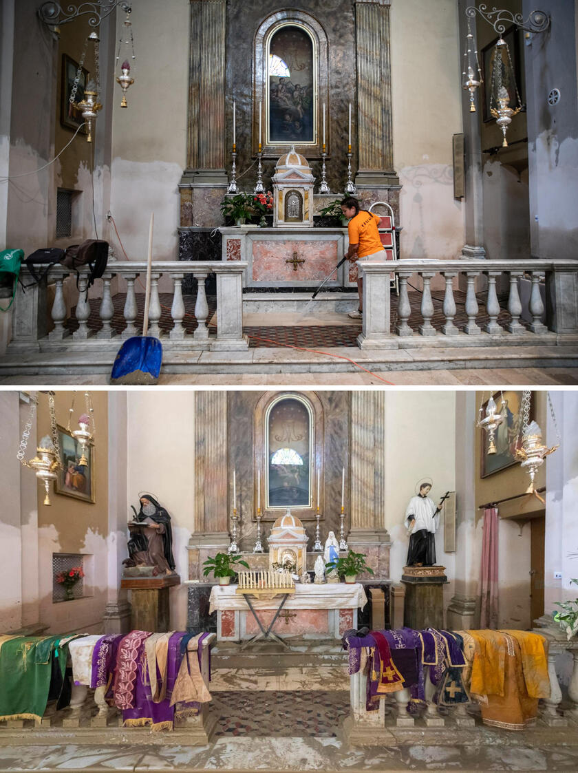 Combo di una foto dei parametri sacerdotali appesi nel tentativo di salvarli nella chiesa a Sant ' Agata sul Santerno il 23 maggio 2023 (in basso) e la stessa chiesa in cui i volontari stanno ancora lavorando per liberarla dal fango, come appare oggi. - RIPRODUZIONE RISERVATA