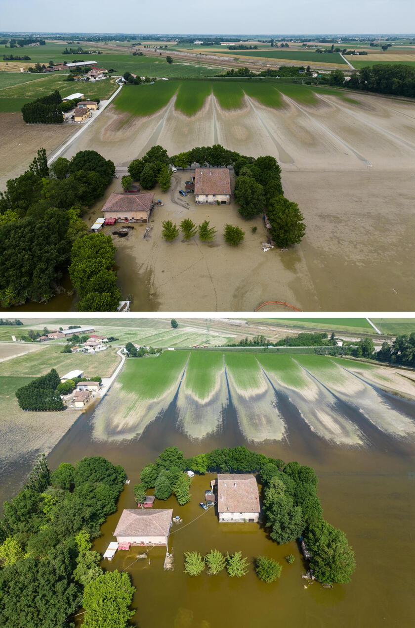 Combo di una veduta aerea di Selva Malvezzi con l 'acqua stagnante di 10 giorni il 26 maggio 2023 (in basso) e la stessa zona come appare oggi con l 'acqua che è diventata fango - RIPRODUZIONE RISERVATA