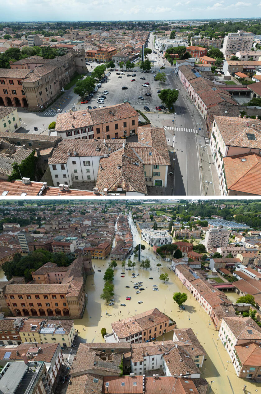 Combo di una veduta aerea del centro di Lugo inondate d 'acqua il 18 maggio 2023 (in basso) e le stesse strade come appaiono oggi. - RIPRODUZIONE RISERVATA