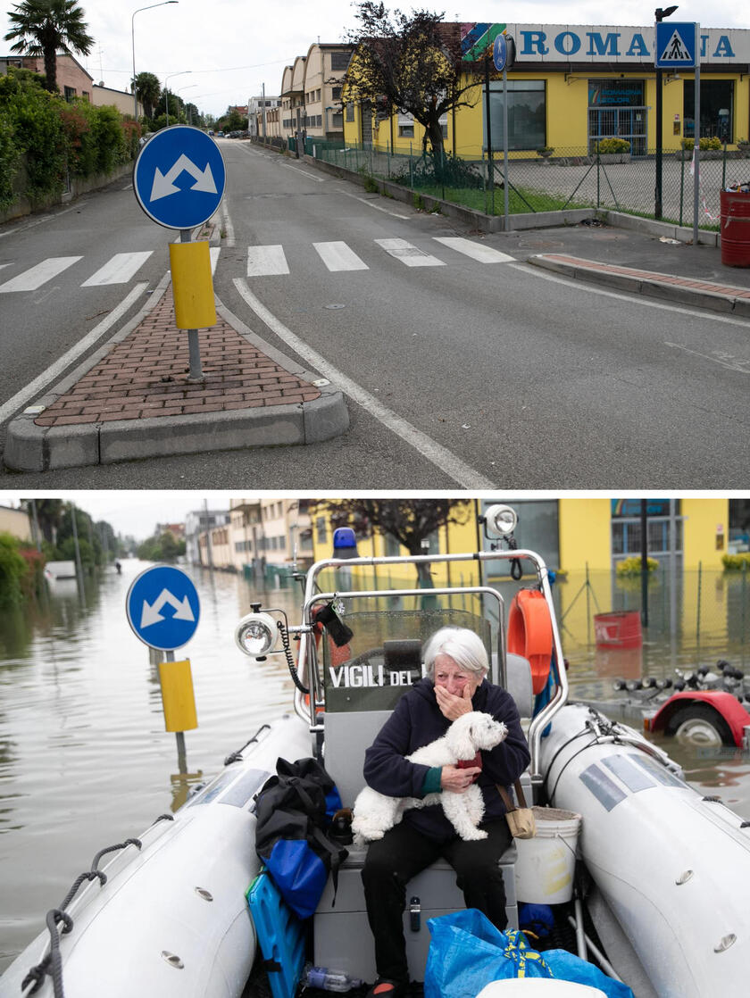 Combo di un 'anziana donna con il cane messa in salvo dai vigili del fuoco fluviali il 19 maggio 2023 a Lugo (in basso) e lo stesso posto come appare un mese dopo senz 'acqua. - RIPRODUZIONE RISERVATA