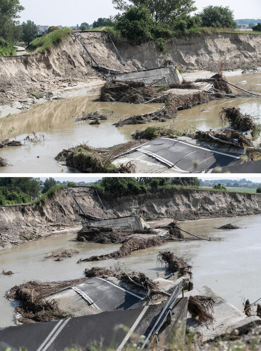 Combo del ponte della Motta crollato un mese fa durante l 'alluvione a Molinella fotografato quando con lo scendere del livello dell 'acqua del fiume ne riemersero i pezzi il 26 maggio 2023 (in basso) e lo stesso ponte fotografato il 10 giugno 2023 - RIPRODUZIONE RISERVATA