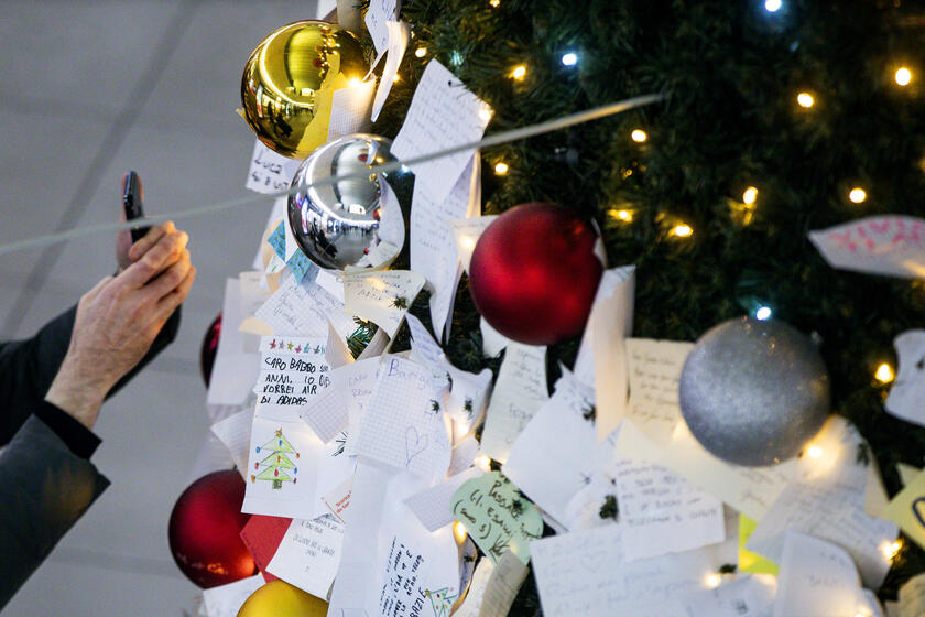 Biglietti affissi all'albero di Natale della stazione Termini a Roma