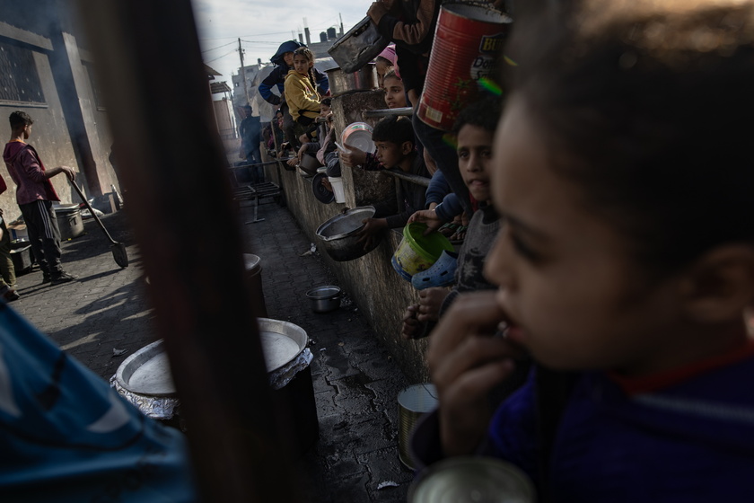 Internally displaced Palestinians gather to collect food aid in Rafah - RIPRODUZIONE RISERVATA