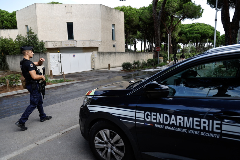 Police secure the area following explosion near synagogue in La Grande-Motte