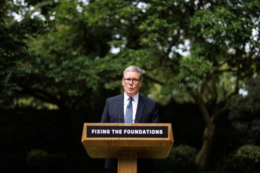 British Prime Minister Starmer gives a speech in Downing Street garden