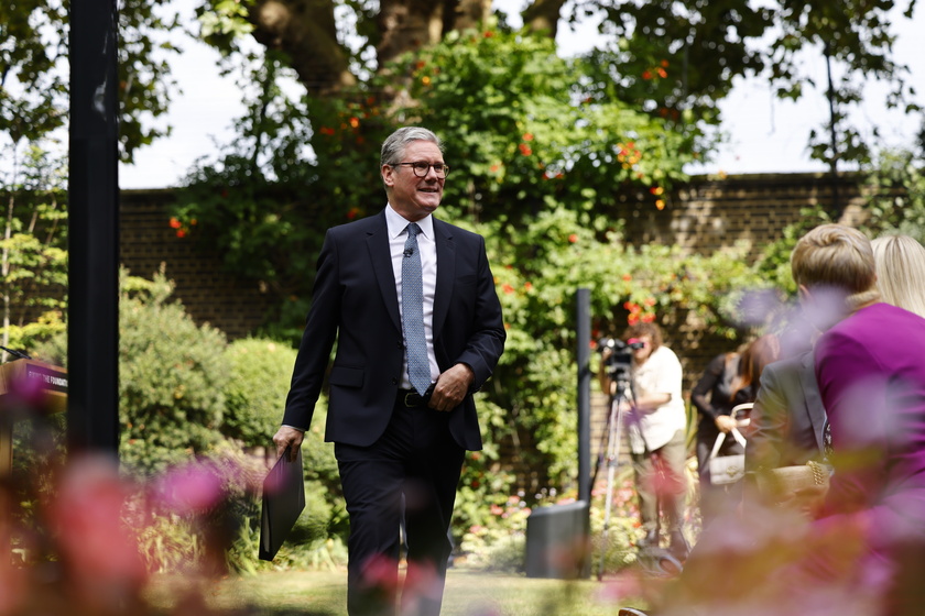 British Prime Minister Starmer gives a speech in Downing Street garden