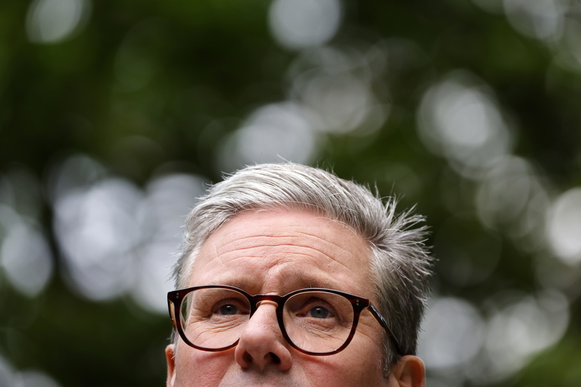 British Prime Minister Starmer gives a speech in Downing Street garden