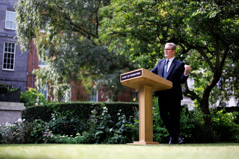 British Prime Minister Starmer gives a speech in Downing Street garden